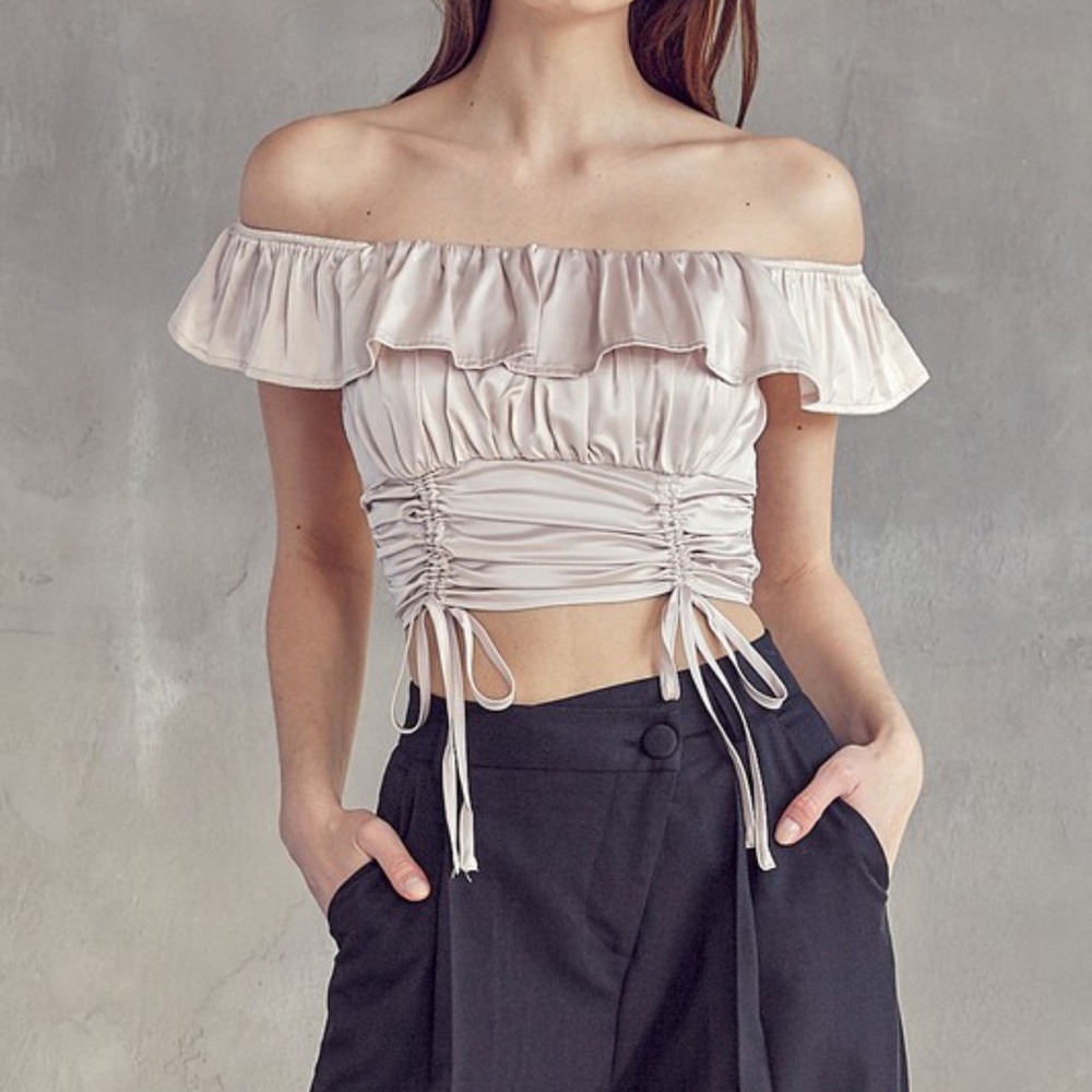 Zara Idem Ditto OFF SHOULDER SATIN RUCHED TOP